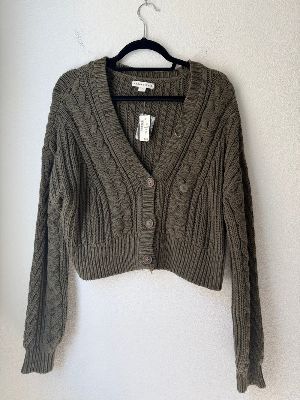 NWT Aeropostale Olive Green Cable Knit Cropped Button Front Cardigan Sweater M